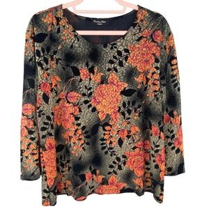 Brittany Black Floral Long Sleeve Top Women 2X Stretch Flowy Grunge Grannycore
